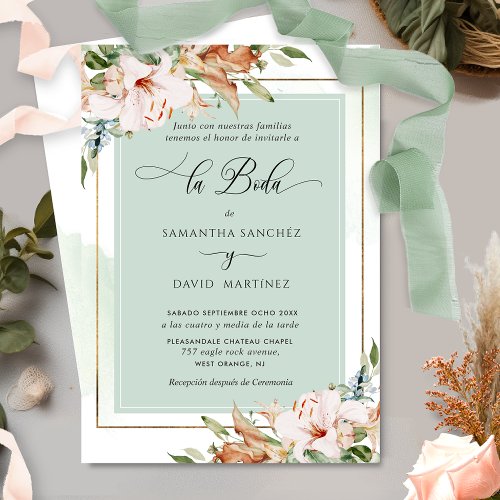 Spanish Elegant Dusty Rose Sage Floral Wedding Invitation