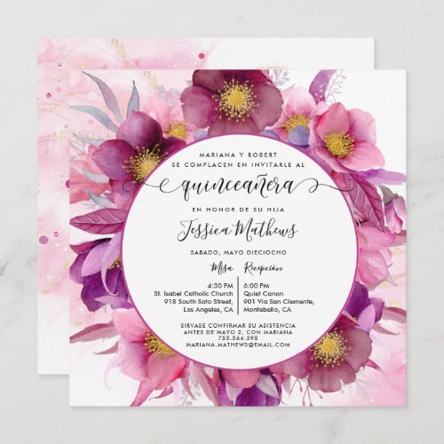 Spanish Elegant Fuchsia Floral Quinceaera Invitation