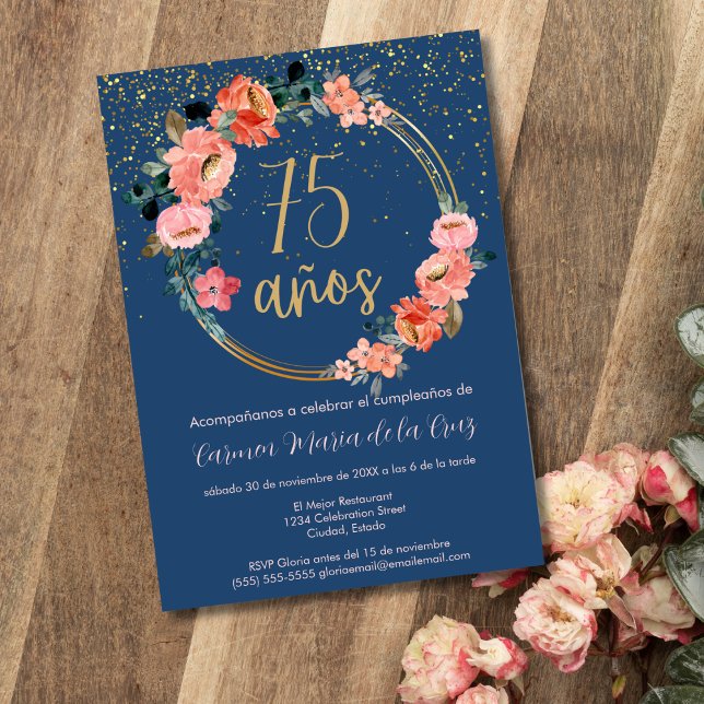 Spanish Elegant Glitter Floral 75th Birthday Party Invitation (Creator Uploaded)
