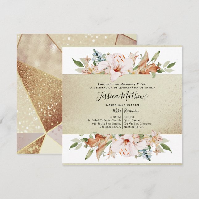 Spanish, Elegant Gold Champagne Floral Quinceañera Invitation (Front/Back)