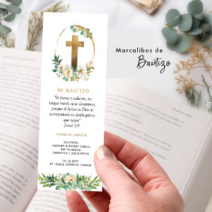 Spanish, Elegant Greenery Baptism Favor Bookmarks