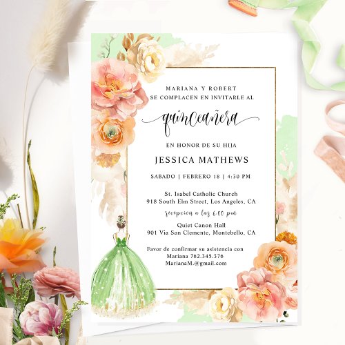 Spanish Elegant Light Green Floral Quinceaera In Invitation