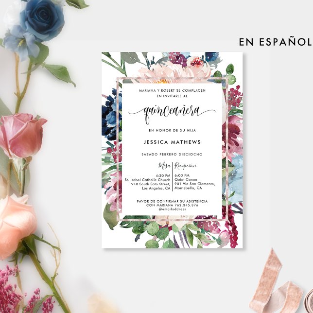 Spanish, Elegant Pastel Floral Quinceañera Invitation (Creator Uploaded)