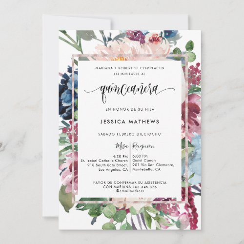 Spanish Elegant Pastel Floral Quinceaera Invitation