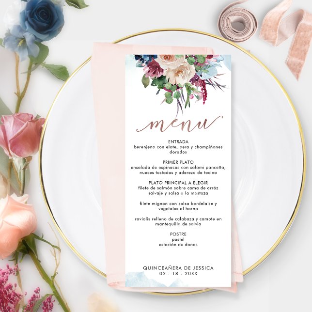 Spanish, Elegant Pastel Floral Quinceañera Menu (Creator Uploaded)