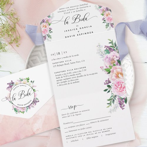Spanish Elegant Pastel Purple Wedding Tear RSVP All In One Invitation