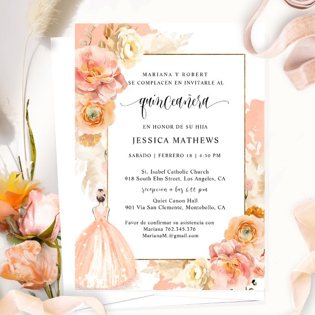 Spanish, Elegant Peach Floral Quinceañera Invitation (Creator Uploaded)