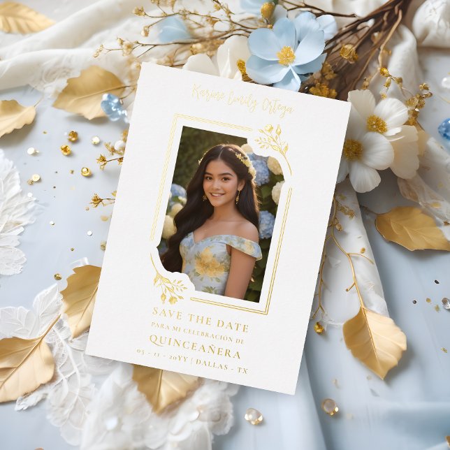 Spanish Elegant Photo Quinceañera Yellow Floral Foil Invitation (Spanish Elegant Photo Quinceañera Floral Frame in Golden Metallic Foil Save the Date Card. )