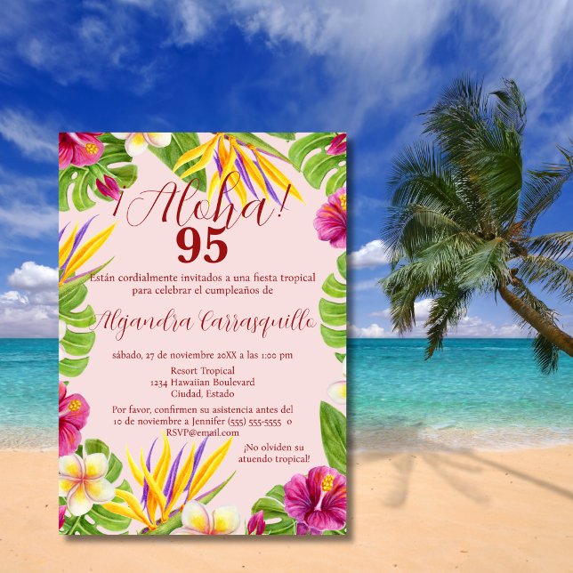 Spanish Elegant Pink Aloha Colorful 95th Birthday Invitation (Creator Uploaded)