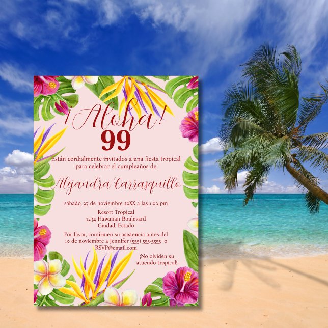 Spanish Elegant Pink Aloha Hawaiian 99th Birthday Invitation (Creator Uploaded)