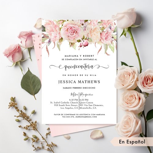 Spanish Elegant Pink Blush Rose Gold Quinceaera Invitation