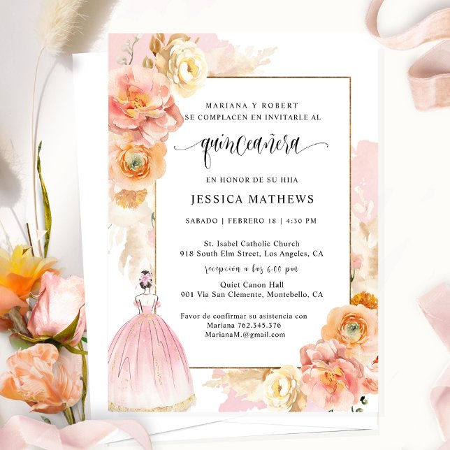 Spanish, Elegant Pink Floral Quinceañera Invitation (Creator Uploaded)