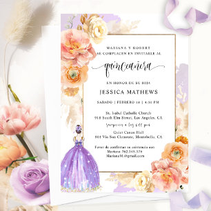 Spanish, Elegant Purple Floral Quinceañera Invitation