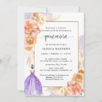 Spanish, Elegant Purple Floral Quinceañera Invitation