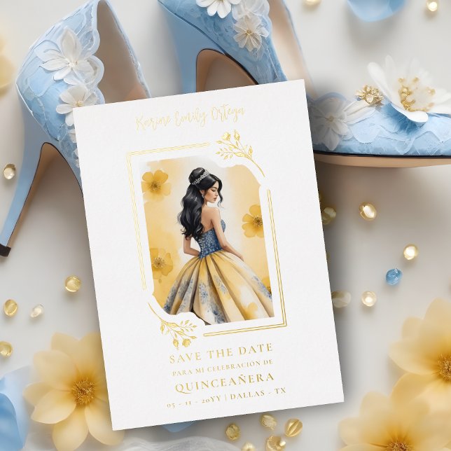 Spanish Elegant Quinceañera Yellow Doll Floral Foil Invitation (Spanish Elegant Quinceañera in Yellow Doll Floral Frame Metallic Foil Save the Date Card. )