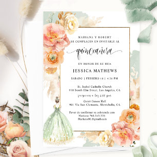 Spanish, Elegant Sage Green Floral Quinceañera Invitation