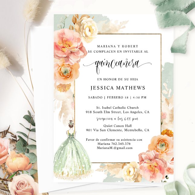 Spanish, Elegant Sage Green Floral Quinceañera Invitation (Creator Uploaded)