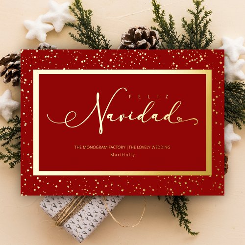 Spanish Elegant Stars Frame Feliz Navidad Script Foil Holiday Card