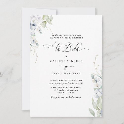 Spanish Elegant White and Blue Floral Wedding Invitation