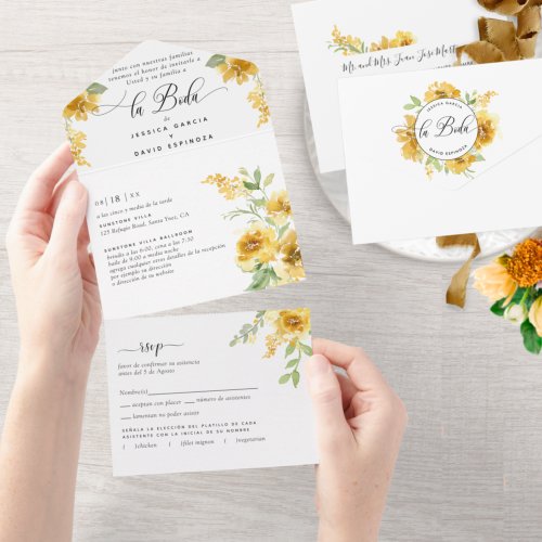 Spanish Elegant Yellow Floral Wedding Tear RSVP All In One Invitation