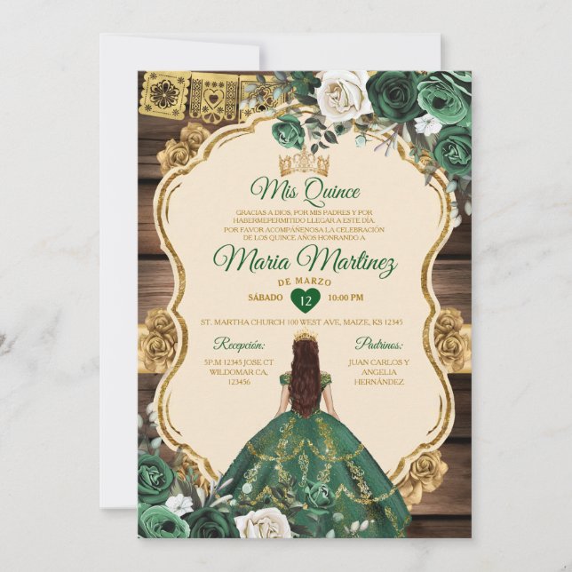 Spanish Emerald Green Floral Wood Quiñceanera Invitation (Front)