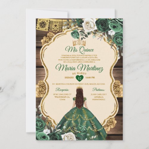 Spanish Emerald Green Floral Wood Quiceanera Invitation