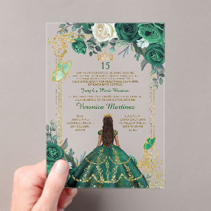 Spanish Emerald Green Princess Floral Mis Quince Acrylic Invitations