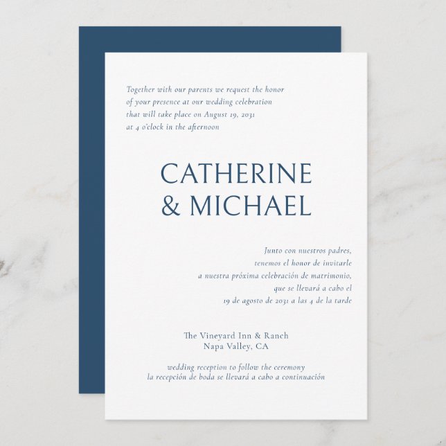 Spanish English Bilingual Elegant Classic Wedding Invitation (Front/Back)