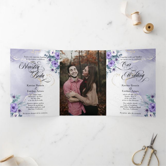 Spanish English Flores Moradas Purple Flowers Tri- Tri-Fold Invitation (Inside)