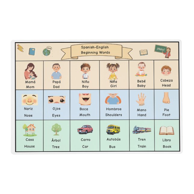 Spanish-English Laminated Placemat for Kids (Front)