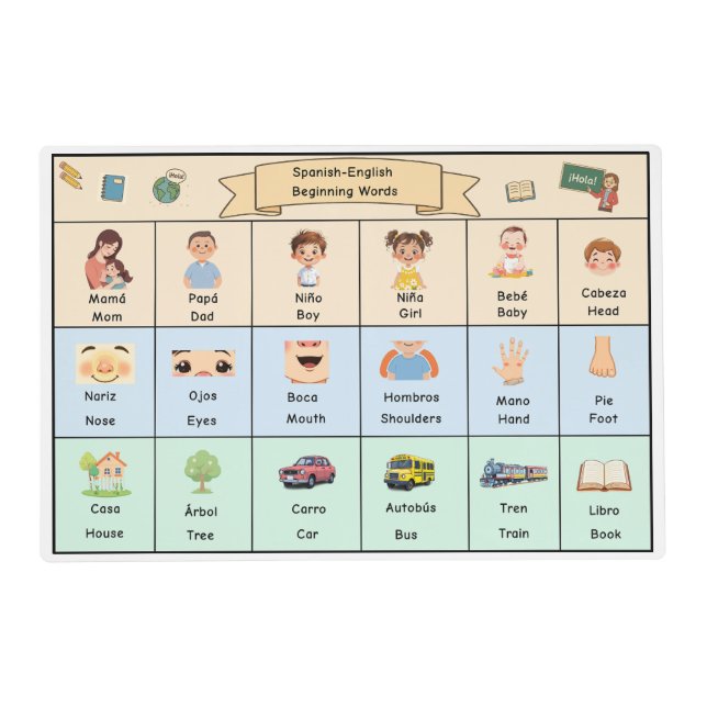Spanish-English Laminated Placemat for Kids (Front)