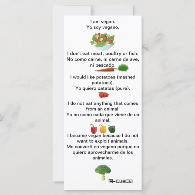Spanish English Phrases Vegan Cheat sheet card (Front)