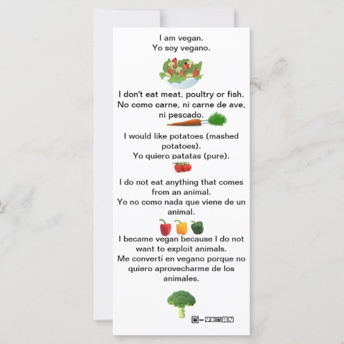 Spanish English Phrases Vegan Cheat sheet card