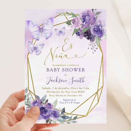 Spanish Es Nia Purple Floral Baby Shower Invitation