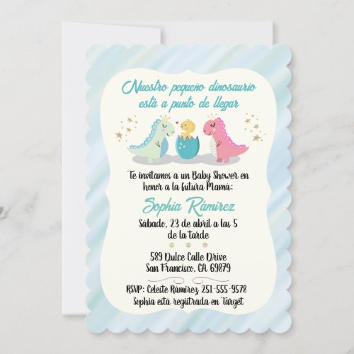 SpanishEspaol Baby Shower Dinosaurs Watercolors Invitation