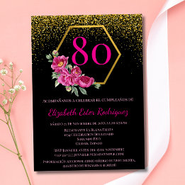 Spanish Exquisite Black Gold & Pink 80th Birthday Invitation