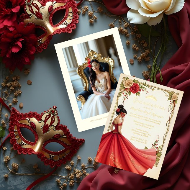 Spanish Exquisite Chic Quinceañera Masquerade Ball Foil Invitation (Spanish Exquisite Elegant Quinceañera Masquerade Ball Golden Metallic Foil Invitation Cards.)