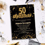Spanish Fancy Black & Gold Confetti 50th Birthday Invitation<br><div class="desc">Celebrate a milestone in style with this Spanish Glam Black and Gold Confetti 50th Birthday Invitation, perfect for an elegant 50th birthday party for him or her. Featuring golden balloon numbers "50" and the festive phrase "¡A Celebrar!" (Let's Celebrate!) in luxurious black and gold script, this invitation exudes sophistication. Gold...</div>