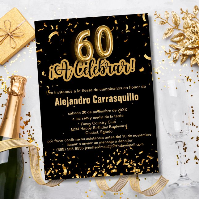 Spanish Fancy Black & Gold Confetti 60th Birthday Invitation (Creator Uploaded)