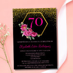 Spanish Fancy Black Gold & Pink 70th Birthday Invitation<br><div class="desc">Celebra el 70º cumpleaños de una mujer excepcional con esta invitación elegante de cumpleaños en español para el 70º cumpleaños en negro, dorado y rosa. Con un sofisticado fondo negro adornado por un deslumbrante marco dorado en la parte superior, esta invitación irradia clase y estilo. En el centro, un hexágono...</div>