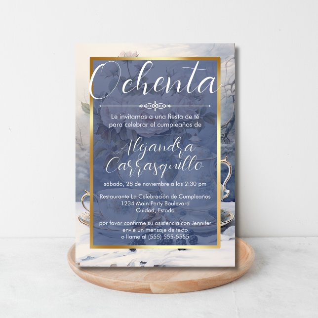 Spanish Fancy Blue Gold Tea Party 80th Birthday Invitation (Creator Uploaded)