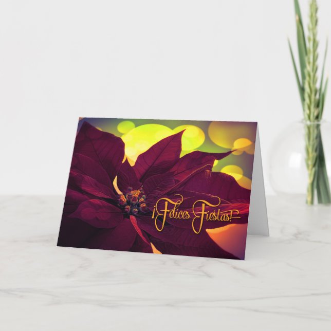 Spanish ¡Feliz Fiestas! Christmas Wine Poinsettia Holiday Card (Front)