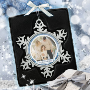 Spanish Feliz Navidad Elegante Azul Holiday Snowflake Pewter Christmas Ornament