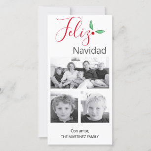 Spanish Feliz Navidad Festive Holly Three Photos Holiday Card
