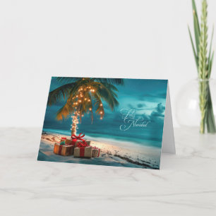 Spanish Feliz Navidad Lit Palm Tree Beach Holiday Card
