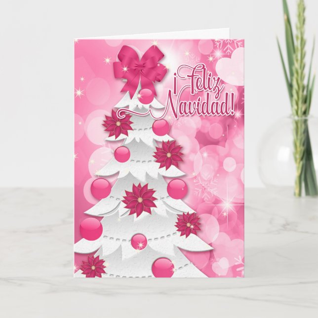 Spanish Feliz Navidad Pink Poinsettia Christmas Holiday Card (Front)