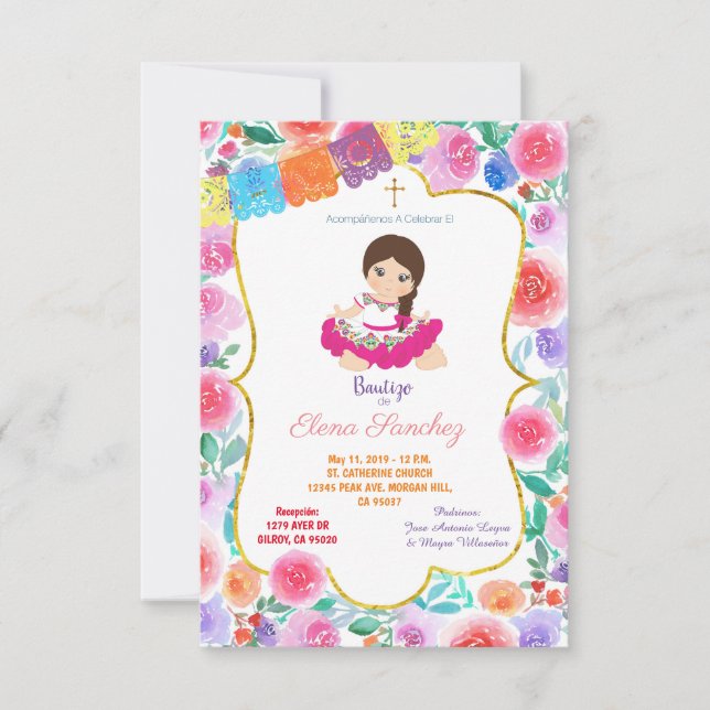 Spanish Fiesta Girl Gold Baptism Christening Invitation (Front)