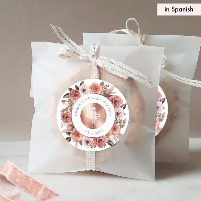 Spanish First Communion Floral Envelope Seal/Favor Classic Round Sticker (Creator Uploaded)