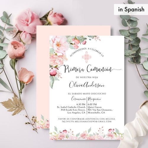 Spanish First Communion Peach and Mint Floral Invitation