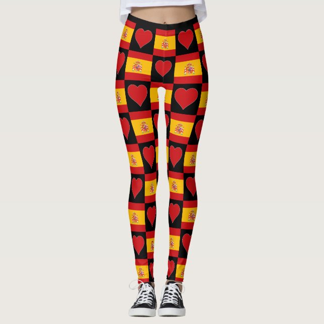 Spanish Flag Heart Pattern Cute Patriotic Spain Leggings (Front)